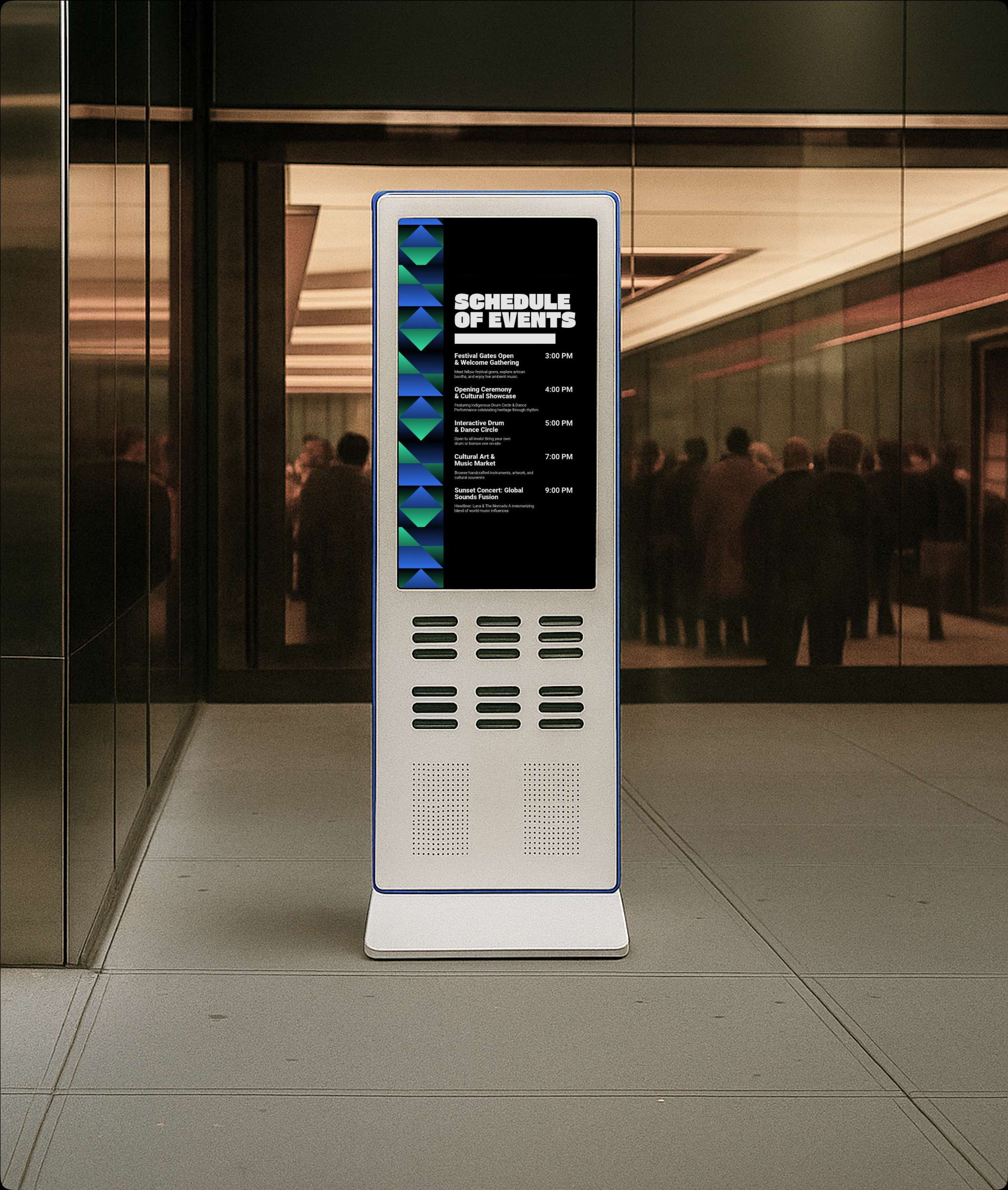 POWERDON charging station at event showing schedule display